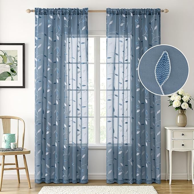 MIULEE Stone Blue Sheer Curtains 2 Panels Leaf Patterned, W52 x L96 | - Image 2