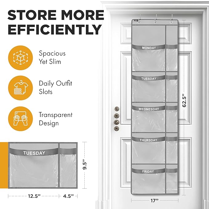 Over the Door Weekly Clothes Organizer - 5 Shelf Hanging Closet Storage with Day of the Week Labels - Weekly Clothes Organizer For Kids - Space-Saving Over Door or Wall Hanging Organizer (Grey)