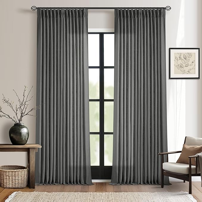 Dark Gray Linen Pinch Pleated Light Filter Curtains 96 Inches Long 2 Panels | by Twodrapes