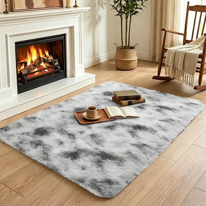 2x3 Tie-Dyed Grey and White Fluffy Area Rug Non-Slip - Image 4