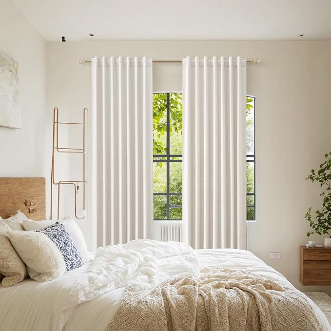 Beige White 100% Blackout Linen Curtains 126 Inch Length 2 Panels Set - Image 8