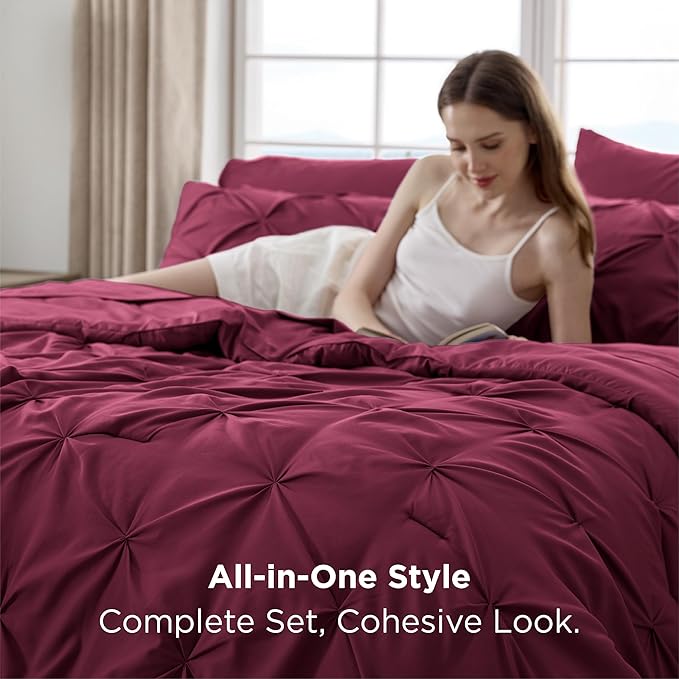 Bedsure King Size Comforter Set Burgundy - Bed in a Bag Bedding Set 7 Pieces, GentleSoft™ Pintuck Bed Set Gift for Family, Pinch Pleat Burgundy Comforter with Sheets, Pillowcases & Shams