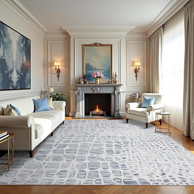 8x10 Washable Area Rugs for Living Room, Dining Room- White Blue | Ultra Soft by Lbris