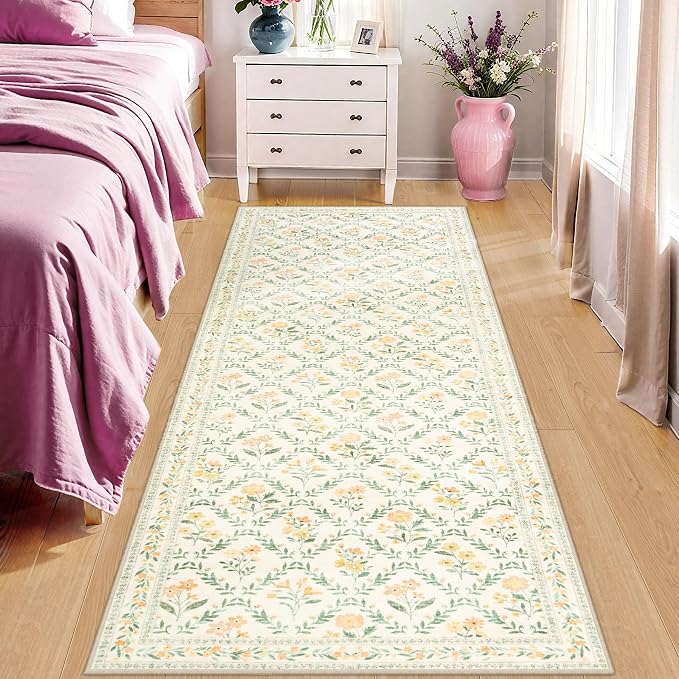PLHXFR 2x5 Washable Runner Rug：Floral Indoor Kitchen Carpet Beige Multi | - Image 2