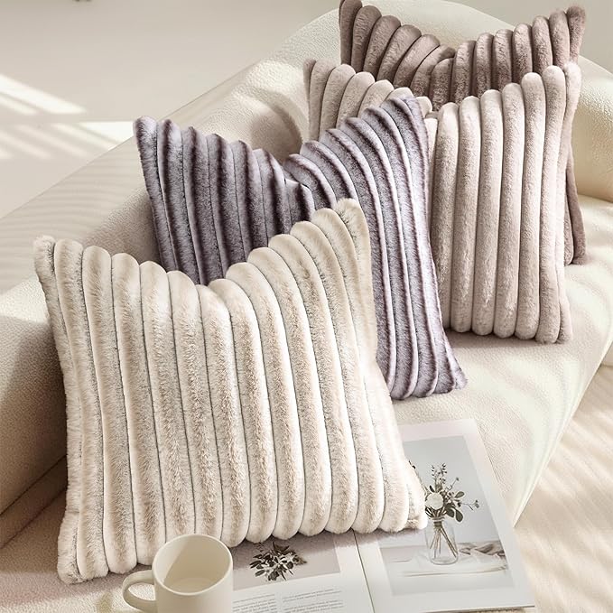 decorUhome Fall Faux Fur Throw Pillow Covers 26x26 Set of 2 Tan | Decorative - Image 4