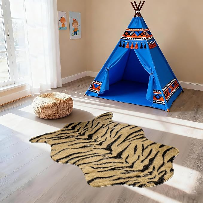 Tiger Print Rug, Faux Cowhide Area Rug Animal Printed Carpet Skin Fur Luxury - Image 6