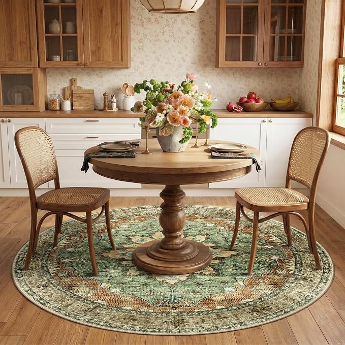 RELEANY Washable Area Rug, Round 6ft, Brick/Brown/Green | Non-Slip, Water - Image 2