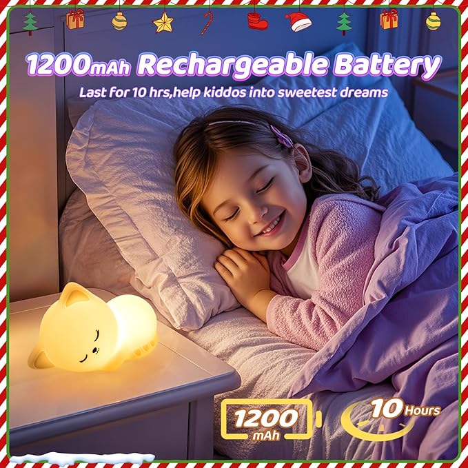 Night Light for Kids,16 Colors Cat Lamp Cute Lamp,Dimmable Baby Night Lights for Nursery,Silicone Rechargeable Nightlight for Kids Room,Kawaii Room Decor,Cat Gifts for Girls Gift for 3-6 Year Old Girl
