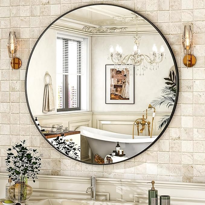 HARRITPURE Round Mirror 36 Black Wall Mounted Circle Mirrors Vanity Mirror with Brushed Aluminum Alloy Frame Modern Decoration for Bathroom, Living Room, Vanity, Bedroom, Entryway