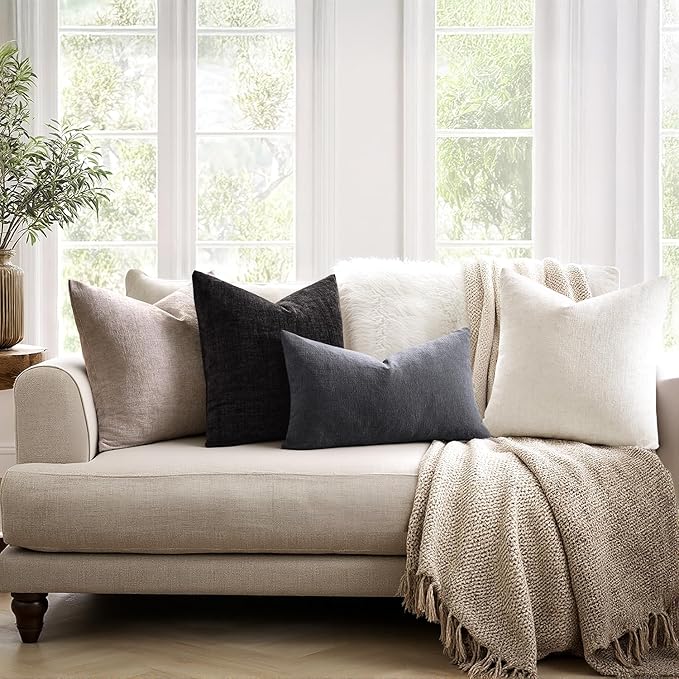 MIULEE Grey Chenille Couch Lumbar Throw Pillow Covers, 12x20 | Set of 2 - Image 4