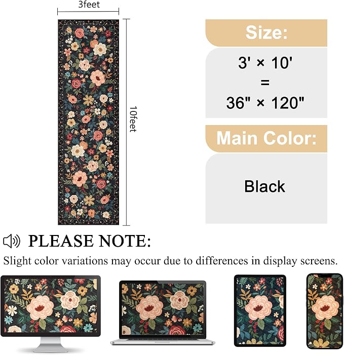 DUKINO 3x10 Runner Rug, Floral Washable Kitchen Runner Rug Non Slip, Low Pile - Image 2