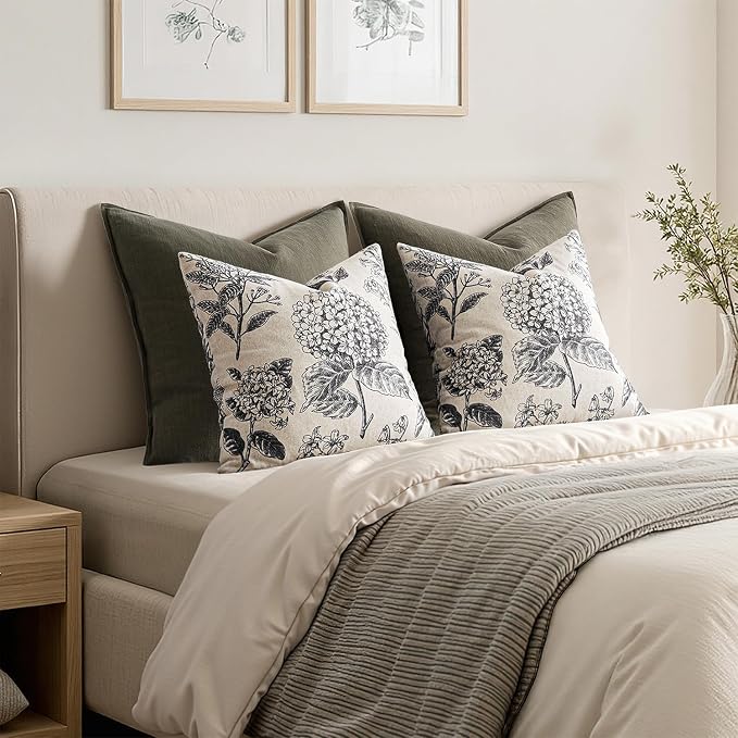 Set of 2 Decorative Floral Pillow Covers 22x22 Inch Black | Neutral Hydrangea - Image 6