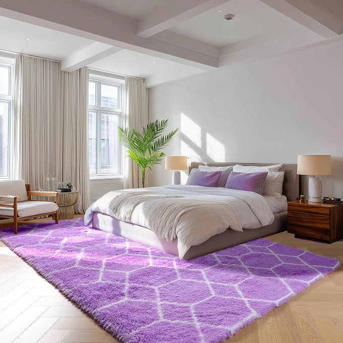 5x7 Area Rugs for Living Room Bedroom, Fluffy Purple and White Trellis Rug | - Image 6