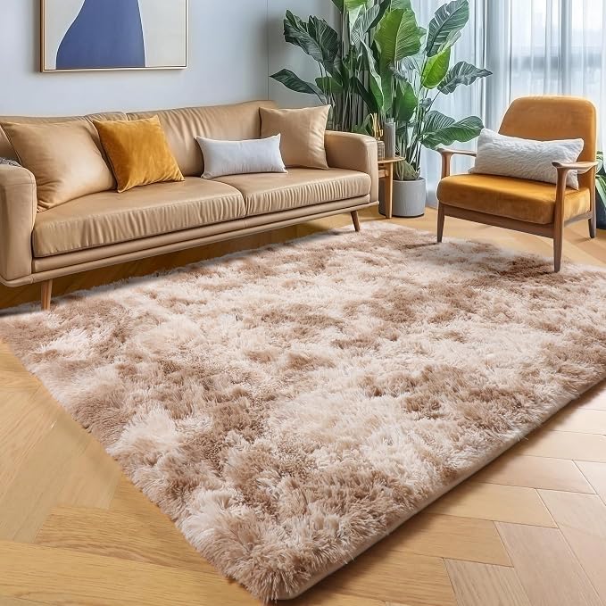Rugs for Living Room Bedroom, Tie-Dyed Beige 5x8 Fluffy Bedside Area Rug - Image 5