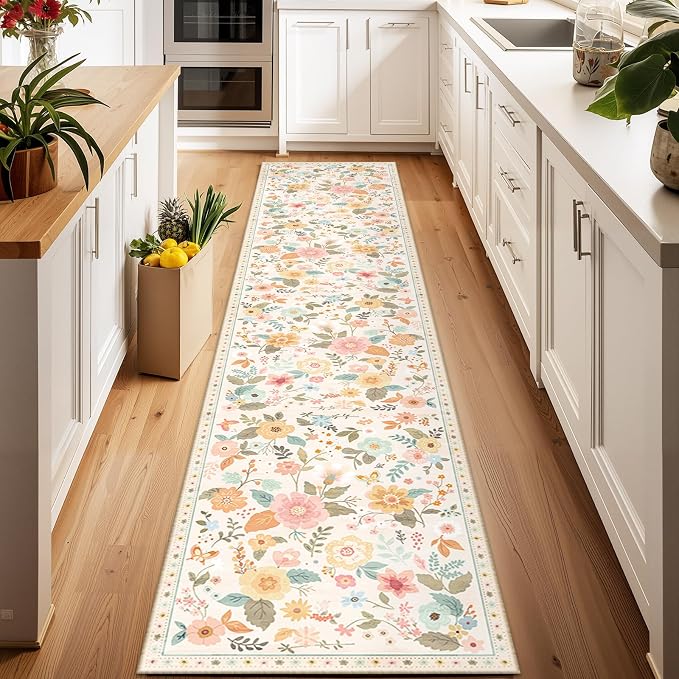 Floral Washable 2x10 Area Rugs Runner Entryway Hallway Beige/White/Orange | by RELEANY