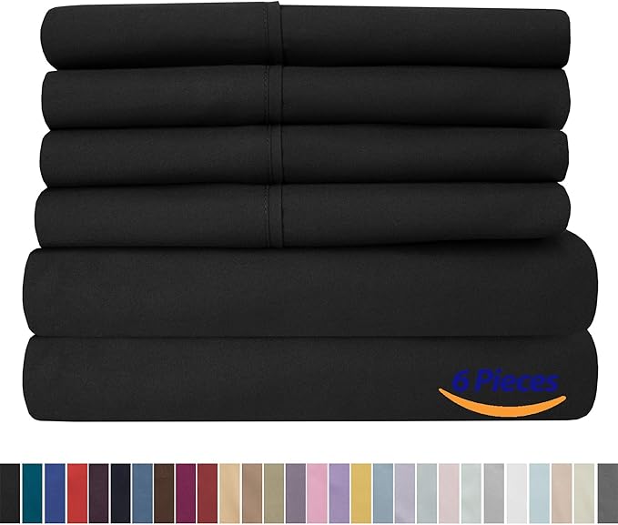 Sweet Home Collection 6 Piece 1500 Supreme Collection Brushed Microfiber Deep Pocket Sheet Set-2 Extra Pillow Cases, Great Value, Split King, Black