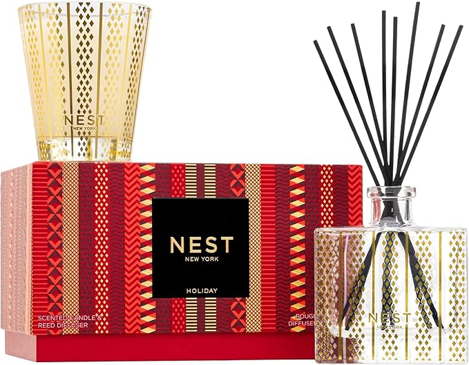 NEST New York Scented Classic Candle (8.1 oz) & Diffuser (5.9 fl oz) Set, Holiday - Reusable Glass Vessel - Vegan, Cruelty Free