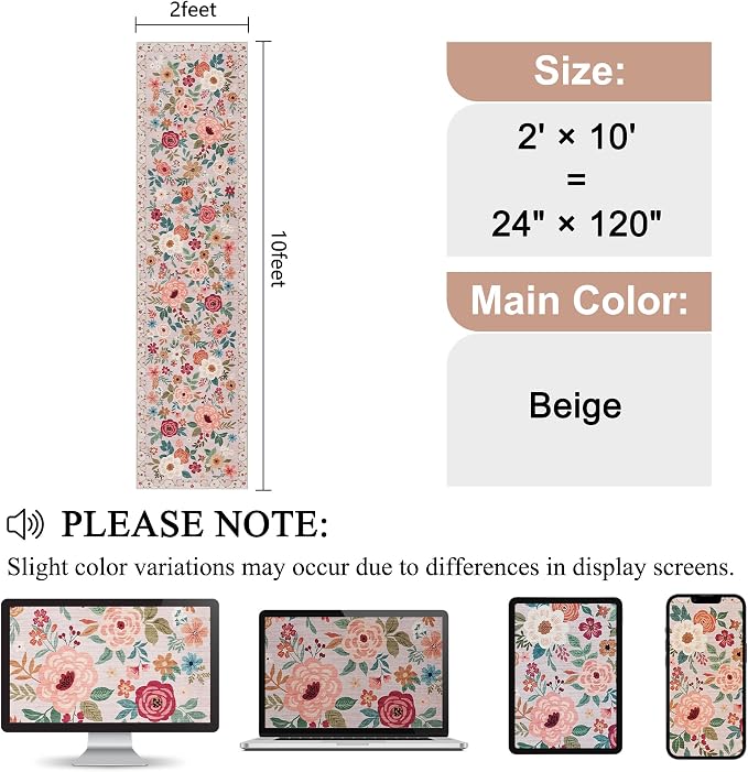 DUKINO 2x10 Runner Rug, Floral Washable Kitchen Runner Rug Non Slip, Low Pile - Image 2