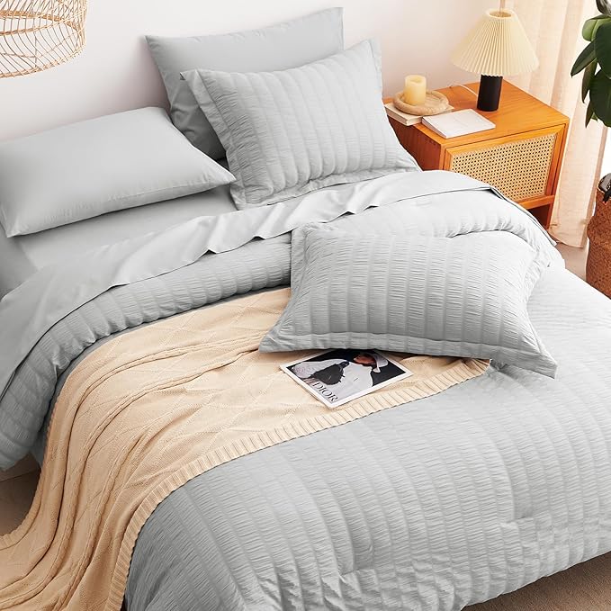 CozyLux Queen Comforter Set Light Grey Seersucker 7 Pieces Bed in a Bag Queen Comforter Set with Sheets Luxury Soft Bedding Set with Down Alternative Comforter, Sheets, Pillowcases & Shams All Seasons
