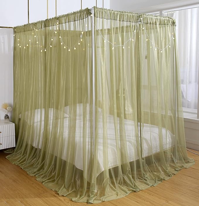 Akiky Canopy for Girls Room Bed Curtains Sheer Curtain for Twin Full Queen Size Bed Drapes,8 Panels Canopies with Light,Room Décor(Full/Queen, Sage Green)