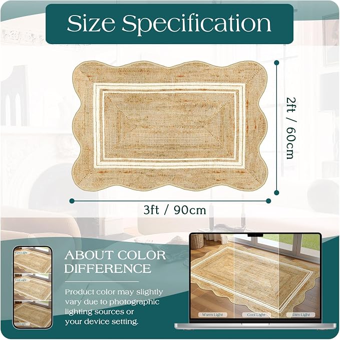 Front Door Rug - 2x3 Jute-Look Doormat Indoor Outdoor Entrance | Washable - Image 2