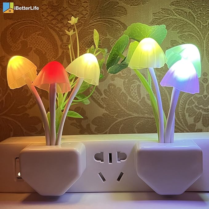 iBetterLife Sensor Night Light Color Changing Plug in Wall LED Mushroom Nightlight with Dusk to Dawn Sensor Auto On/Off Cottage Core Decor Lamp, Super Power Saving, 2 Pack