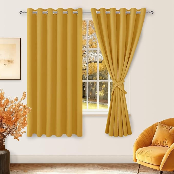 Blackout Curtains for Bedroom, 70 x 63 Inch Mustard Yellow 2 Panels | Thermal by Hiasan