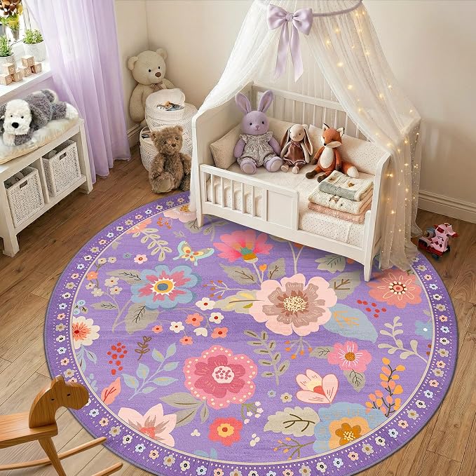 RELEANY Floral Washable Round 8ft Area Rug Purple/Pink | Flower Carpet Print - Image 2