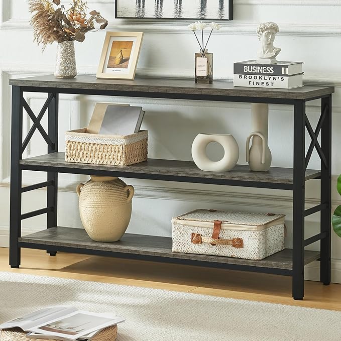 HOMBAZAAR Sofa Table,Industrial Console Table with Storage,Entryway Table with Engineered Wood and Metal,3 Tier Shelf for Living Room,Hallway,Grey,47 Inch