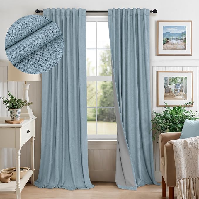 Slate Blue Curtains 108 Inches Long 2 Panel Burg 100% Blackout Boho Linen by Pitalk