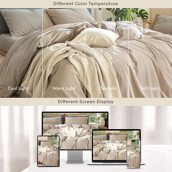 MooMee Bedding Duvet Cover Set 100% Washed Cotton Linen Like Textured Breathable Durable Soft Comfy (Heathered Taupe, Queen 90"x90")