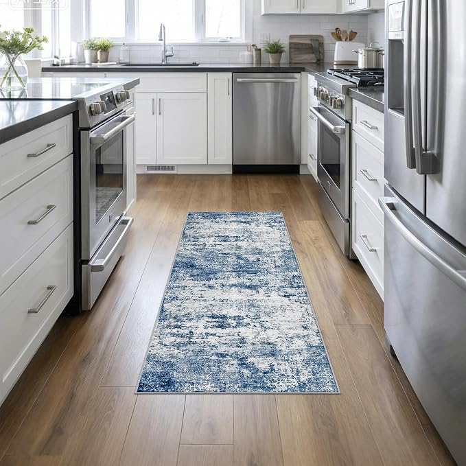 2x5 Washable Runner Rug：Modern Abstract Kitchen Soft Carpet Blue | by FXRHLP