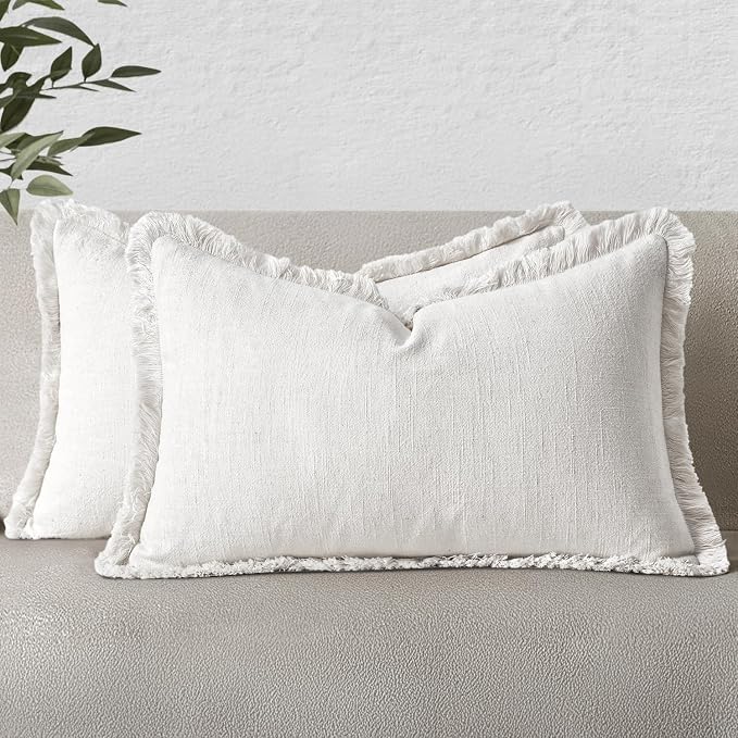 MIULEE Boho Linen Fringe Decorative Lumbar Throw Pillow Covers White 12x20 | by MIULEE