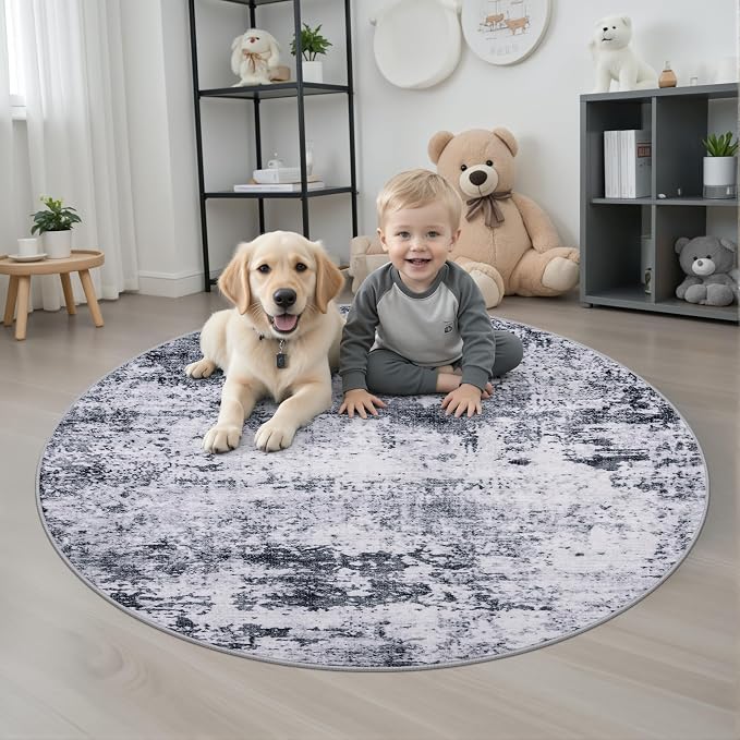 Round Area Rug Living Room: 4 ft Modern Washable Carpet Grey | - Image 2