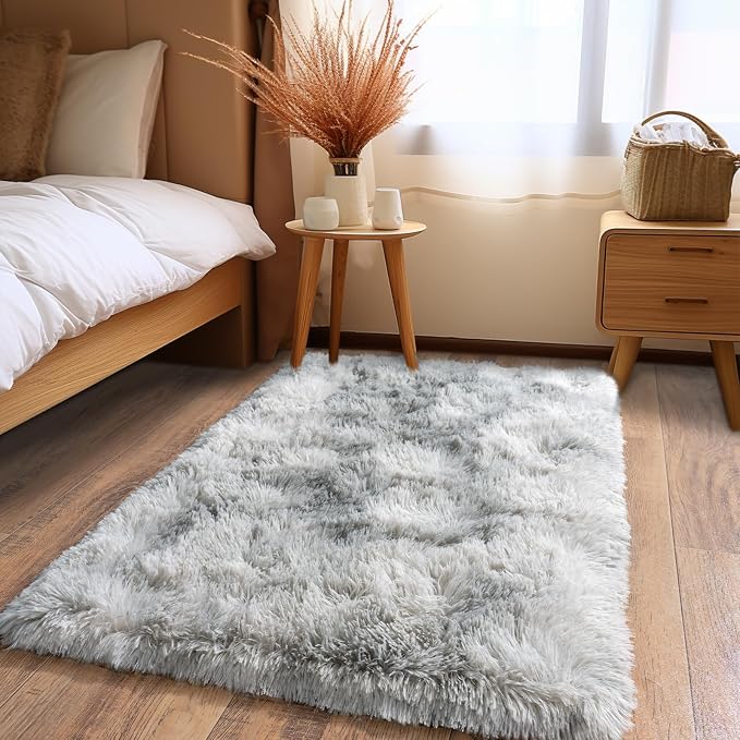 Fluffy Small Rug for Bedroom 2x3 Feet, Shag Soft Area Rug, Tie Dye Grey | - Image 2