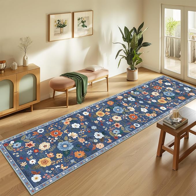 Floral Washable 2x8 Area Rugs Runner Entryway Hallway Blue/Grey | Flower Carpet - Image 2