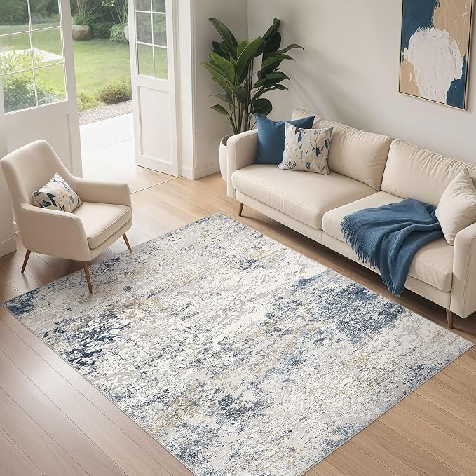 DMOYEST Area Rug Living Room Rugs 4x6 Washable Abstract Beige Blue Carpet | - Image 3