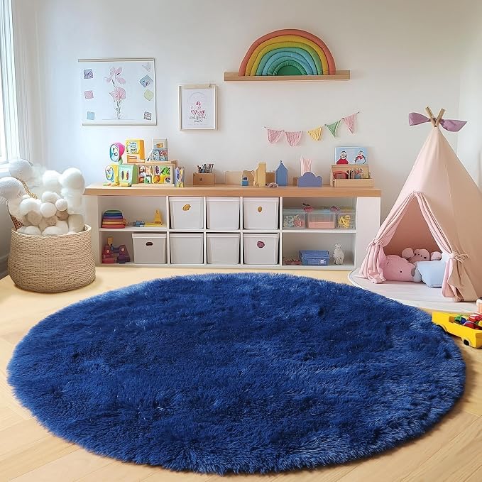 Navy Blue Round Rugs 6ft for Living Room Bedroom, Fluffy Circle Area Rug for - Image 6