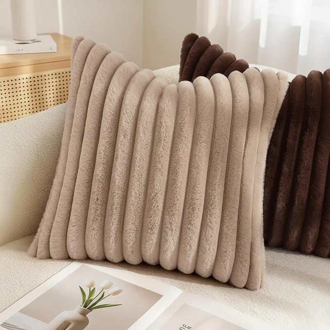 decorUhome Fall Faux Fur Throw Pillow Covers 16x16 Set of 2 Khaki Brown | - Image 4