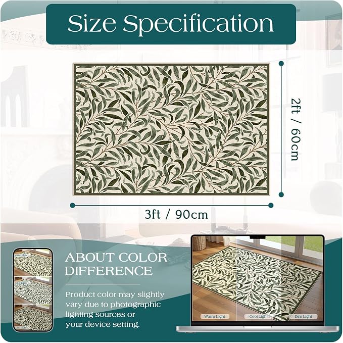 Front Door Mat Outside Entrance, 2x3 Boho Sage Olive Green Leaf Rug | Non-Slip - Image 2