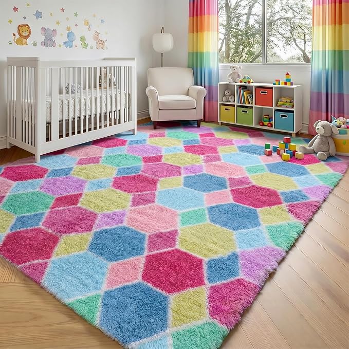 Checkered 8x10 Area Rugs for Living Room, Fluffy Pink Rainbow Girls Rug | Soft - Image 7