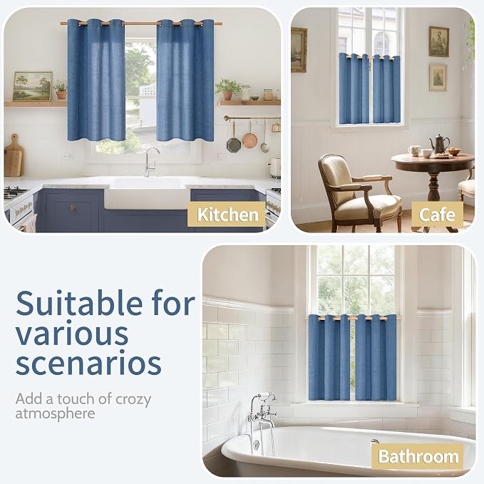 YoungsTex Navy Blue Linen Kitchen Window Curtains 40 Inch Length, Short Light - Image 2