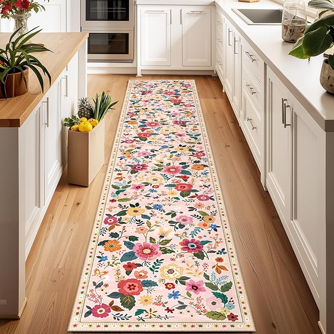 Floral Washable 2x10 Area Rugs Runner Entryway Hallway Pink | Flower Carpet by RELEANY