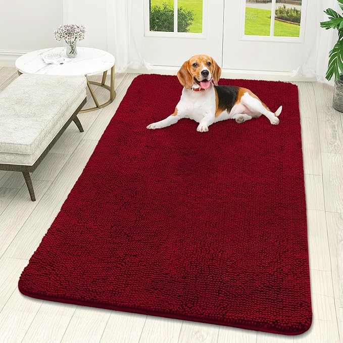 OLANLY Dog Door Mat for Muddy Paws 59x32, Super Absorbent Chenille Mud Mat | Red by OLANLY