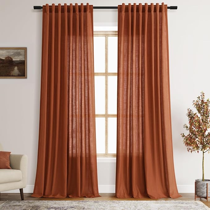 Extra Long Linen Curtains 108 Inches Long 2 Panel Set Back Tab Terracotta Boho by Nanspring