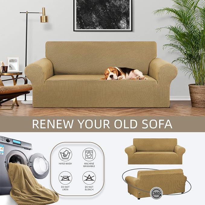 Stretch Loveseat Couch Cover, 2 Cushion Couch Slipcover, Tan | 1-Piece Washable - Image 3