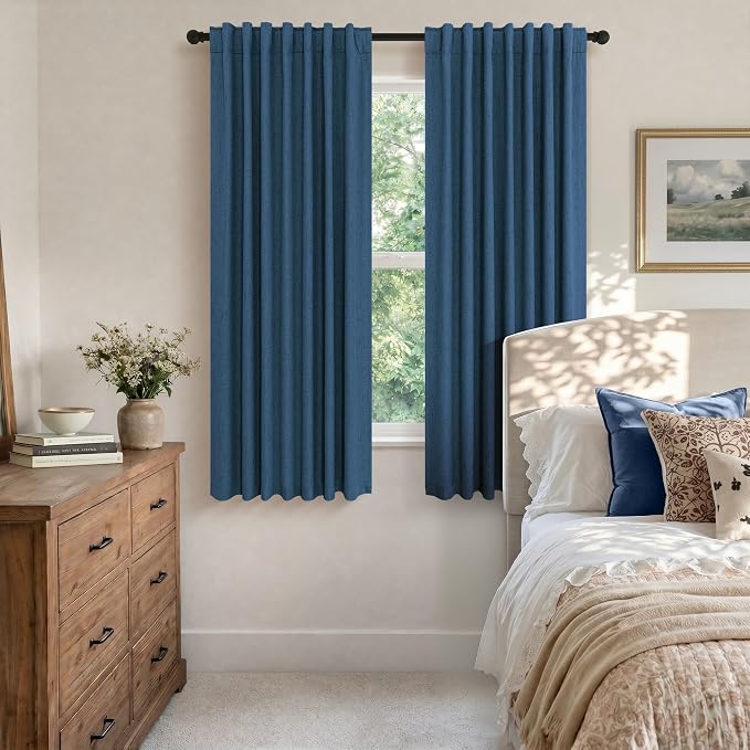 Navy Blue Linen Textured Blackout Curtains 72 Inches Long - Image 3