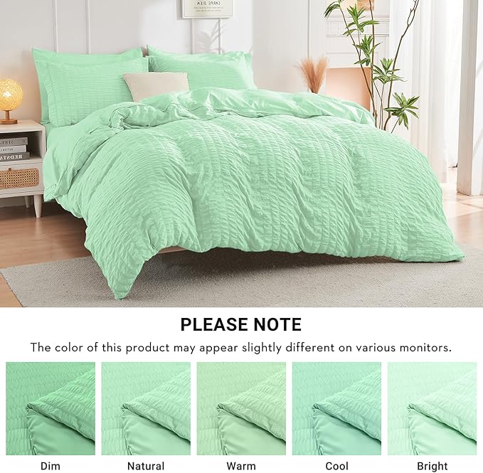 HYMOKEGE Mint Green California King Comforter Set Seersucker 7 Pieces, All Season Luxury Bed in a Bag for Bedroom, Bedding Set with Comforter, Sheets, Pillowcases & Shams