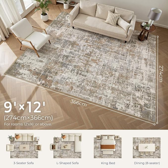 DMOYEST Area Rug Living Room Rugs 9x12 Washable Abstract Carpet | Neutral - Image 2