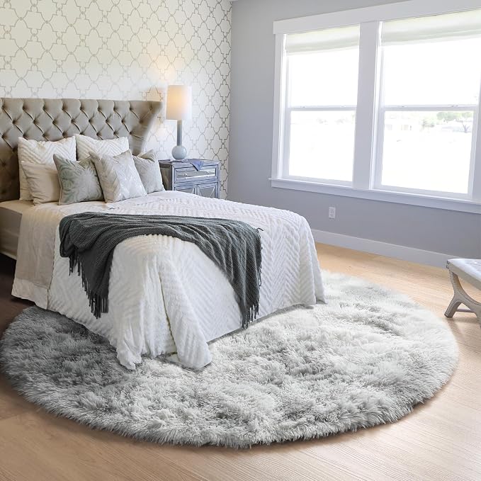 Tie-Dyed Light Grey Round Area Rug 4ft, Ultra Soft Bedroom Circle Rugs - Image 8